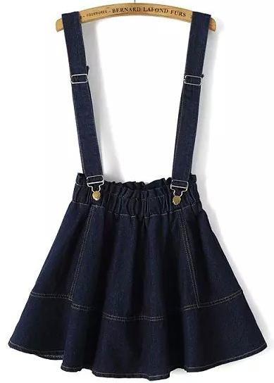 Romwe Navy Strap Flare Denim Skirt