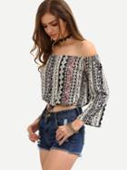 Romwe Off-the-shoulder Tribal Print Crop Top - Black