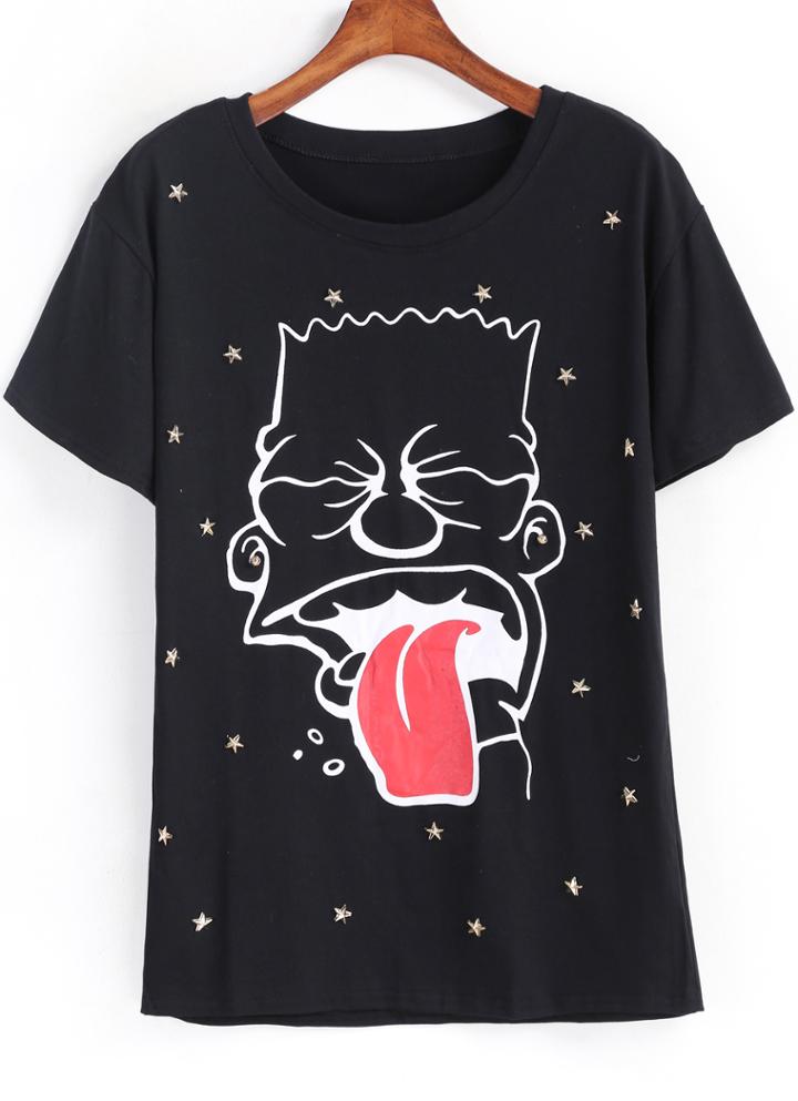 Romwe Black Short Sleeve Tongue Print T-shirt