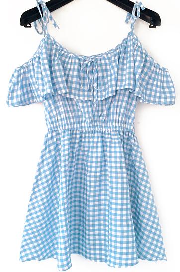Romwe Spaghetti Strap Ruffle Plaid Blue Dress