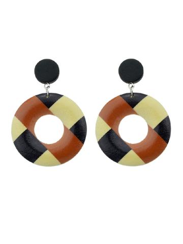 Romwe Box Vintage Style Wood Geometric Pattern Round Hanging Earrings