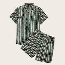 Romwe Guys Chain & Striped Shirt & Shorts Set