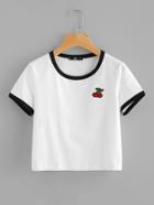 Romwe Embroidered Cherry Patch Crop Ringer Tee