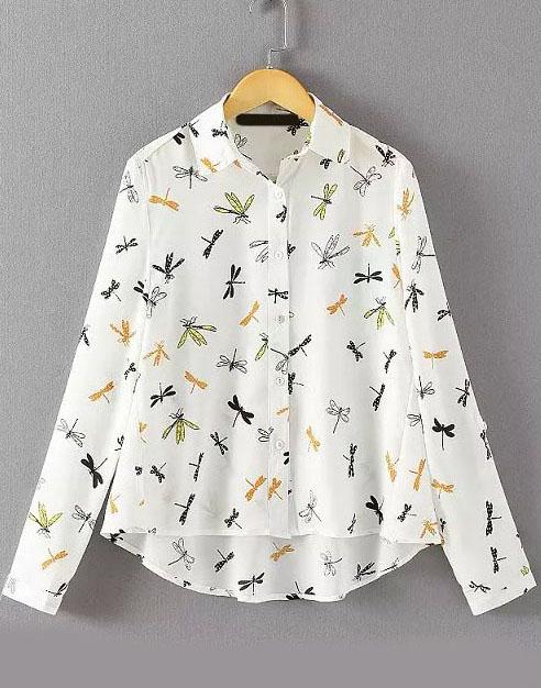 Romwe Dip Hem Dragonfly Print Blouse