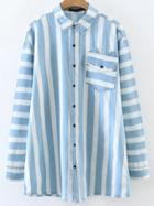 Romwe Blue And White Contrast Striped Pocket Blouse