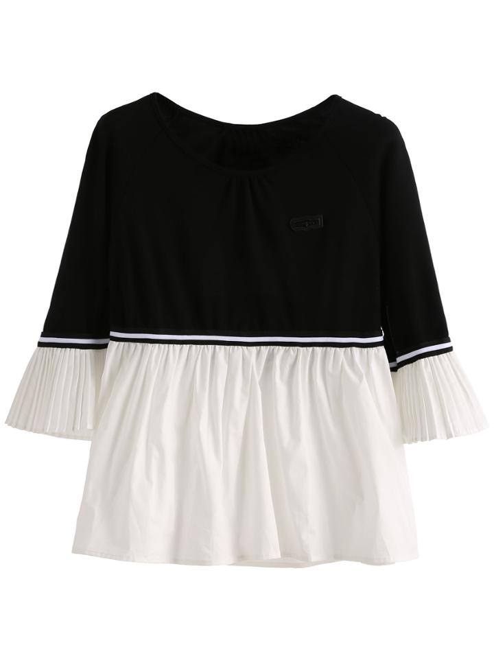 Romwe Black White Pleated Detail Blouse