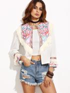 Romwe White Tribal Print Fringe Trim Open Front Blazer