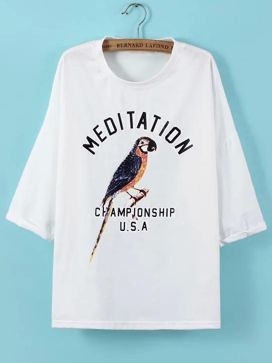 Romwe Dropped Shoulder Seam Bird Print White T-shirt
