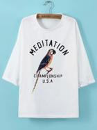 Romwe Dropped Shoulder Seam Bird Print White T-shirt
