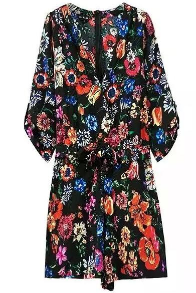 Romwe Black V Neck Floral Tie-waist Jumpsuit
