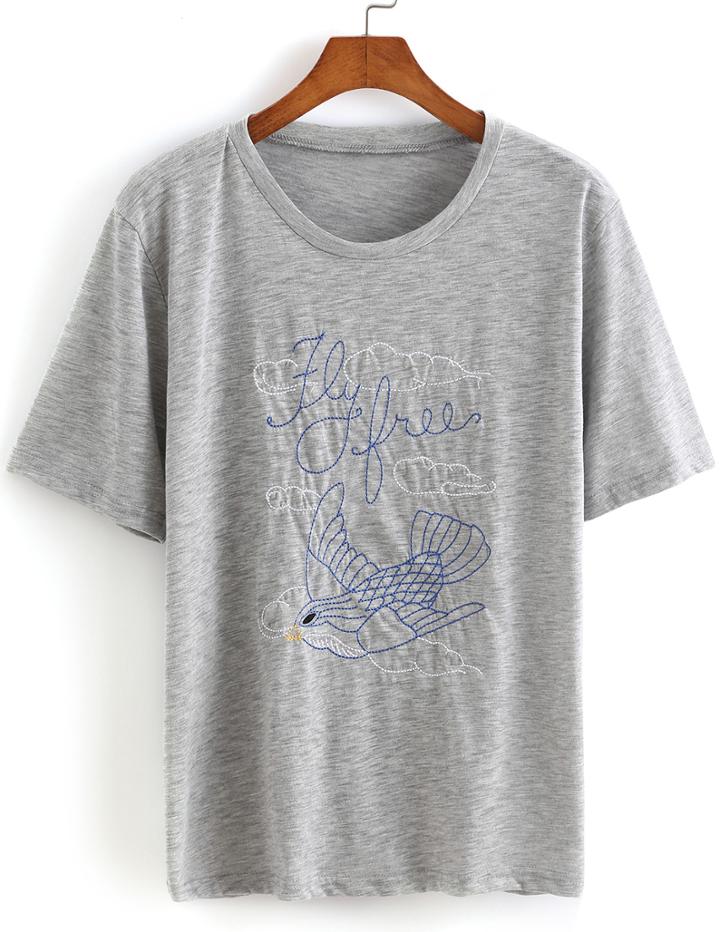 Romwe Bird Embroidered Grey T-shirt