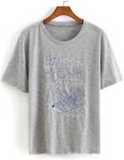 Romwe Bird Embroidered Grey T-shirt