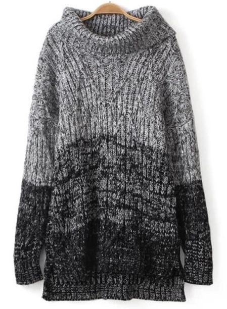 Romwe High Neck Dipped Hem Knit Black Ombre Sweater
