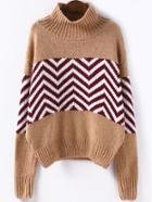 Romwe High Neck Striped Khaki Sweater