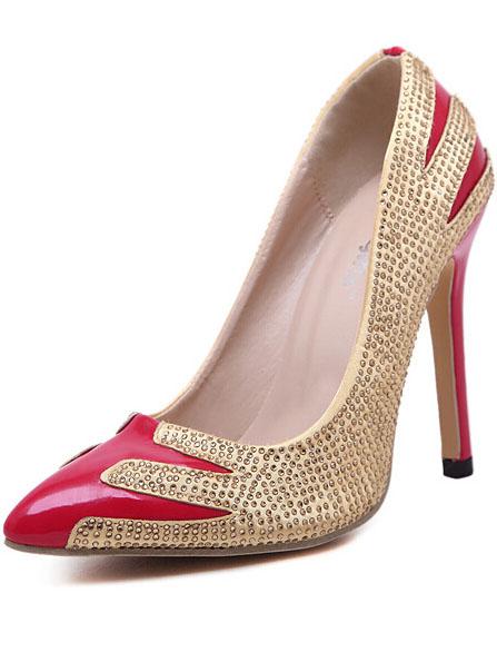 Romwe Red High Heel Rhinestone Pu Pumps