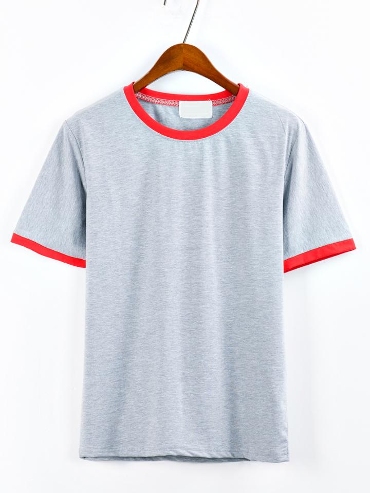 Romwe Grey Contrast Round Neck T-shirt