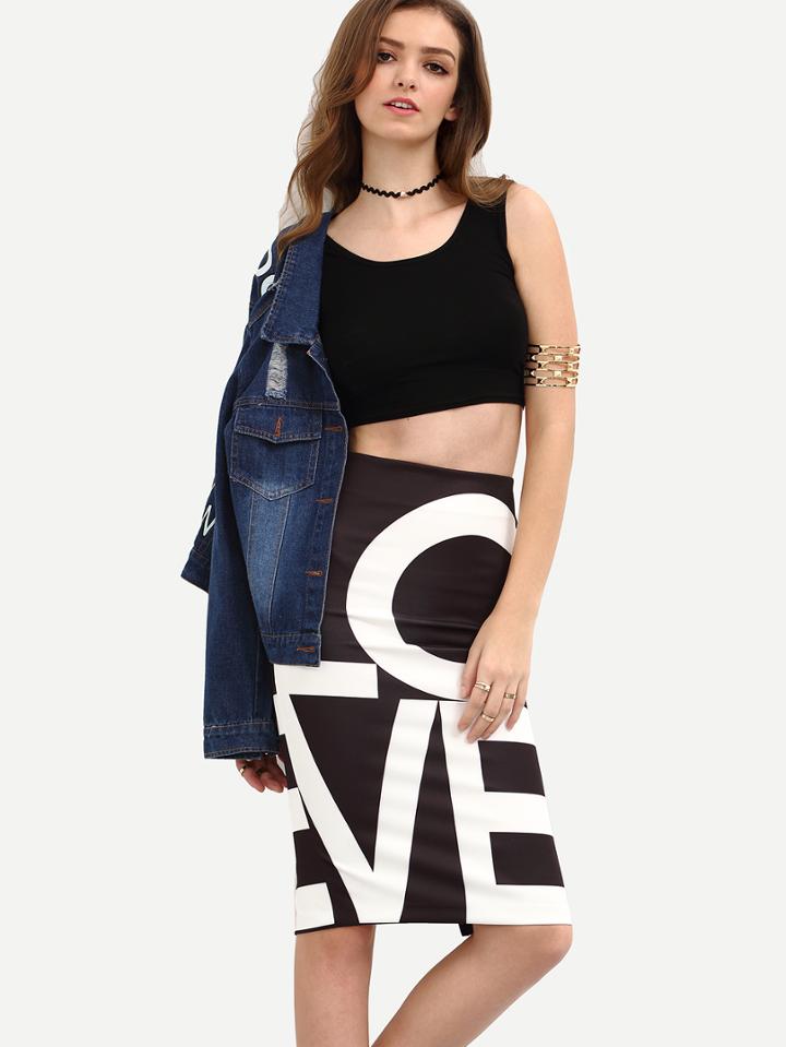 Romwe Letter Print Back Slit Pencil Skirt - Black