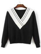 Romwe Black Contrast V Neck Knit Sweater