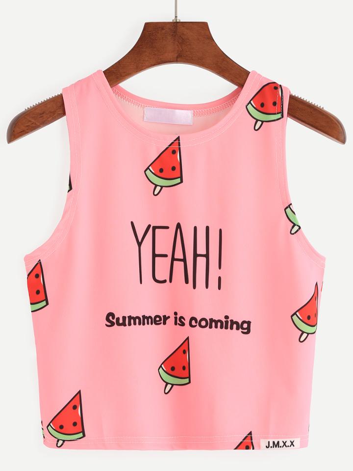 Romwe Pink Watermelon Popsicle Print Tank Top