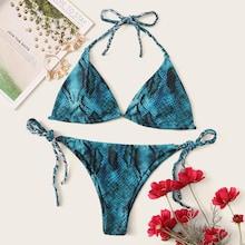 Romwe Snakeskin Halter Top With Tie Side Bikini Set