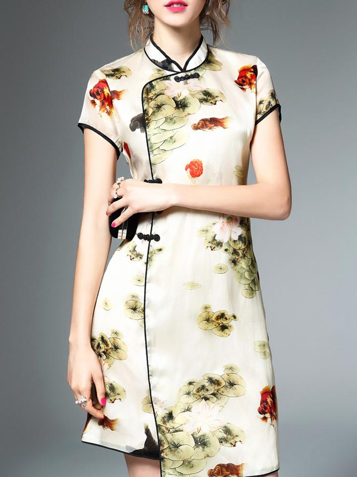 Romwe Beige Collar Fishes Print Asymmetric Dress