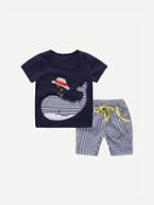 Romwe Striped Whale Tee With Striped Shorts
