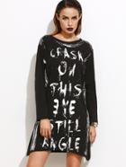 Romwe Black Letter Print Split Side Tee Dress