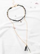 Romwe Black Crystal And Tassel Charm Layered Choker