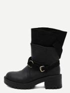 Romwe Black Faux Leather Buckle Strap Mid Calf Boots