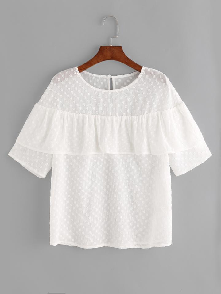 Romwe White Ruffle Trim Polka Dot Jacquard Top