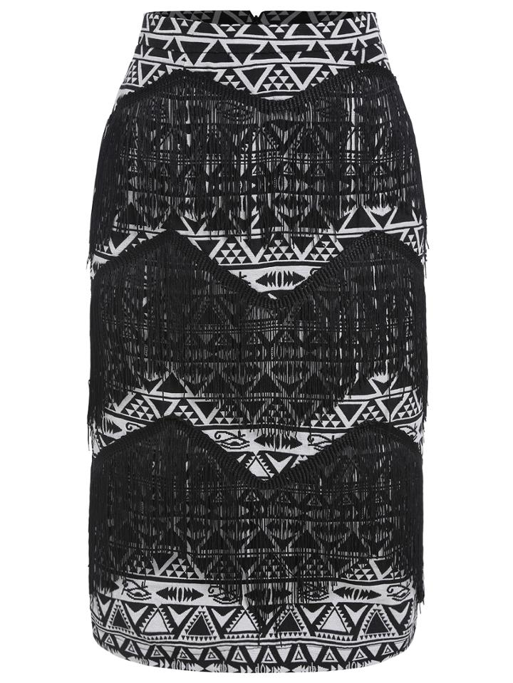 Romwe Geometric Print Tassel Black Skirt
