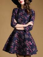 Romwe Navy Round Neck Length Sleeve Print Dress