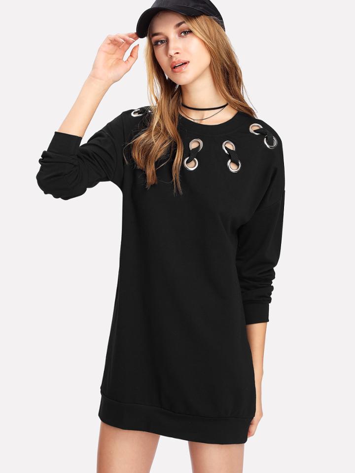 Romwe Metal Grommet Detail Drop Shoulder Sweatshirt Dress