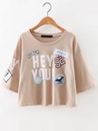 Romwe Khaki Drop Shoulder Stamp Patch T-shirt