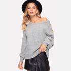 Romwe Button Embellish Sleeve Marled Jumper