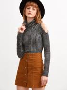 Romwe Black Ribbed Detail Turtleneck Sweater