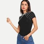 Romwe Pearl Embellished Form Fitting Tee