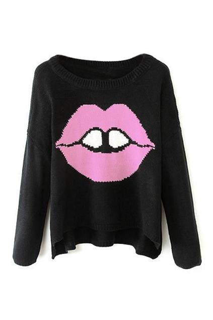 Romwe Lip Knitted Black Jumper