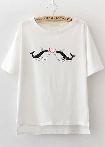 Romwe Dip Hem Dolphin Print T-shirt