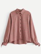 Romwe Tied Cuff Gingham Blouse