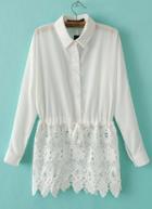 Romwe White Long Sleeve Contrast Lace Blouse