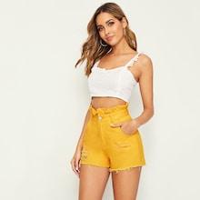 Romwe Ruffle Waist Ripped Detail Solid Denim Shorts