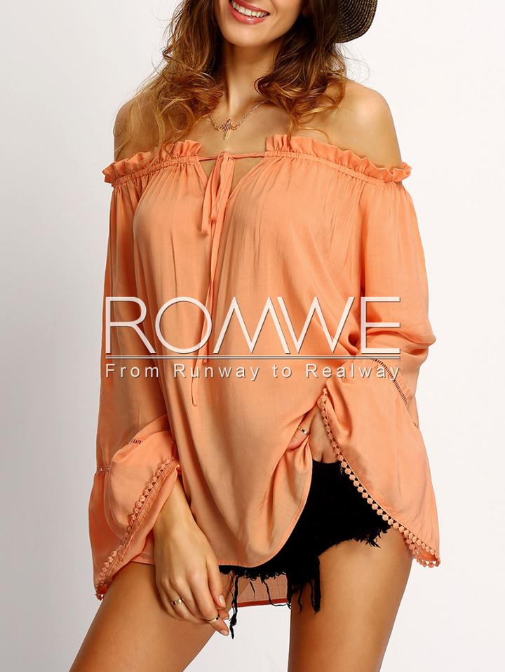 Romwe Orange Off The Shoulder Hollow Insert Pompom Blouse