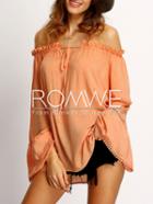 Romwe Orange Off The Shoulder Hollow Insert Pompom Blouse