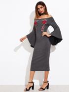 Romwe Embroidered Patch Bell Sleeve Ribbed Dress
