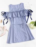 Romwe Open Shoulder Tiered Striped Dress