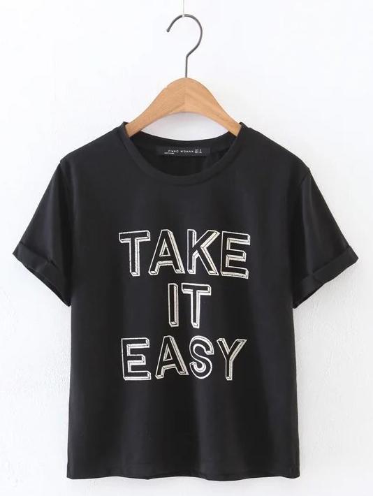 Romwe Black Letter Print Roll Cuff T-shirt