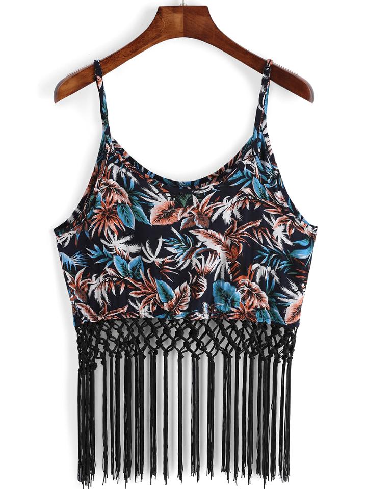 Romwe Spaghetti Strap Leaves Print Fringe Cami Top