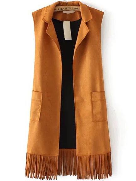 Romwe Lapel Pockets Tassel Suede Khaki Vest
