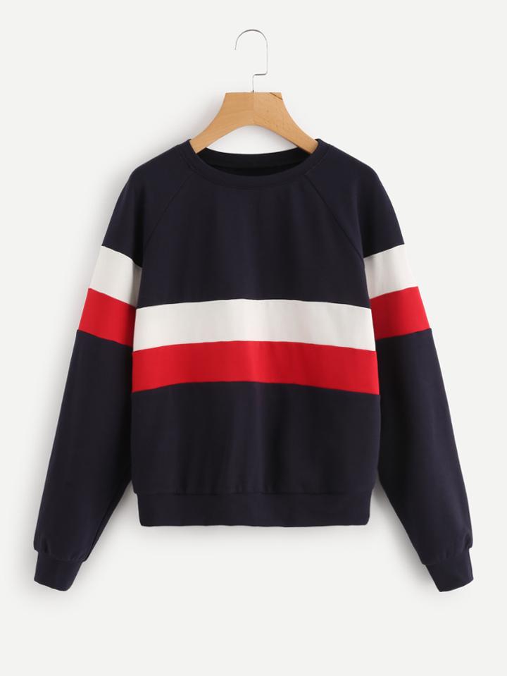Romwe Raglan Sleeve Wide Stripe Pullover
